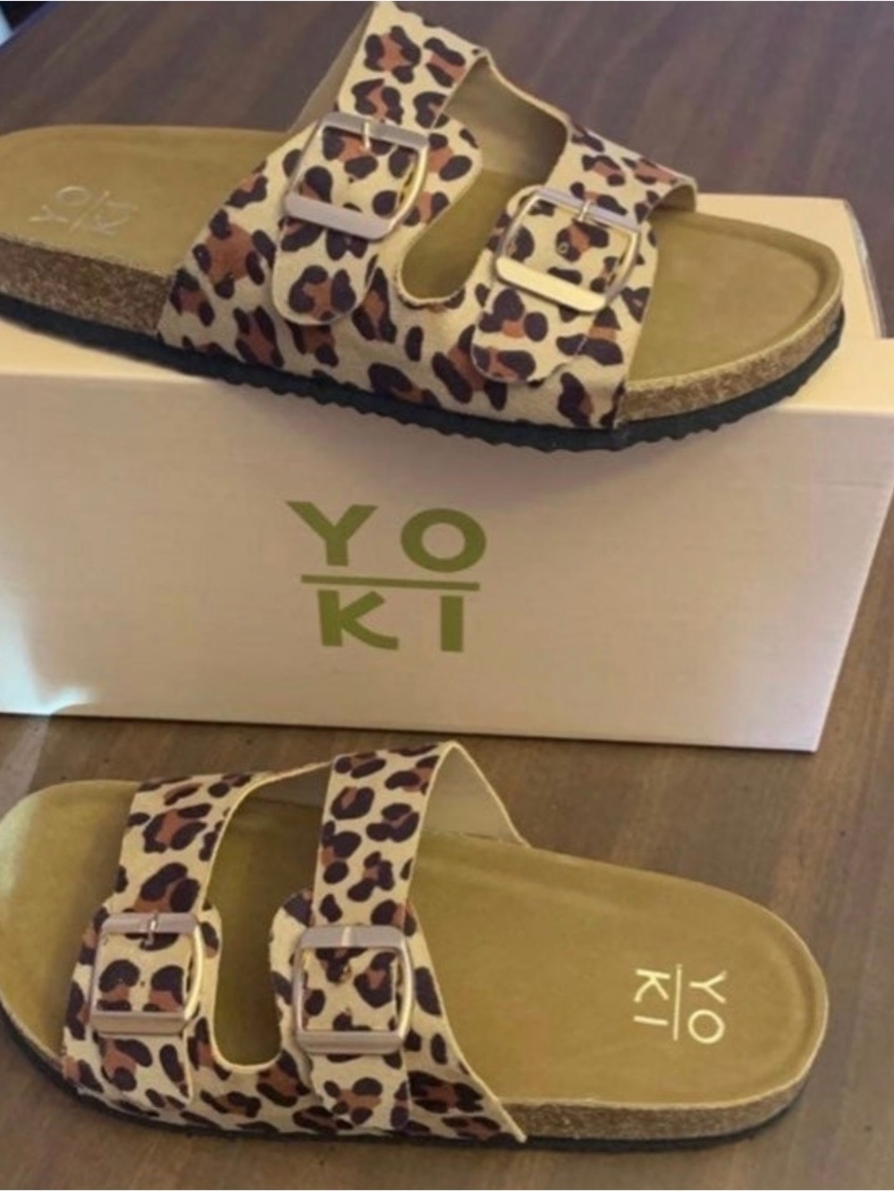 Yoki Leopard Print Double-Buckle Slide Sandals